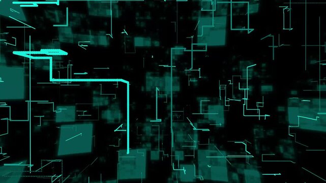 Abstract teal digital network lines map geometric shapes on dark. Corporate telecommunication decks employ network lines. Teal digital network lines pulse fast.
