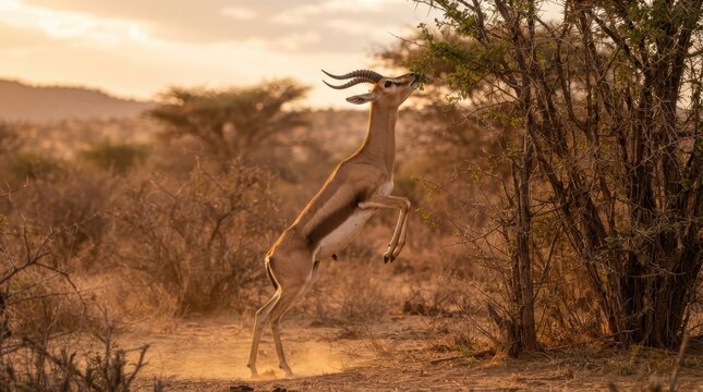 Dibatag gazelle leaps to reach tender leaves on thorny acacia tree