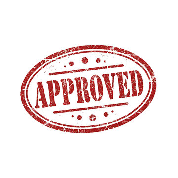 Red rubber stamp with the word approved inside an oval border, featuring a distressed, scratched texture on a white background