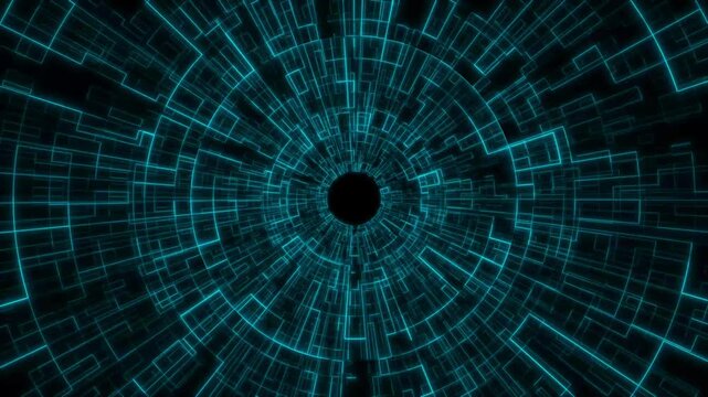 Cyan neon geometric tunnel displays radial light lines on dark. Futuristic cyber presentation decks deploy cyan tunnel. Cyan neon geometric tunnel turns very fast.