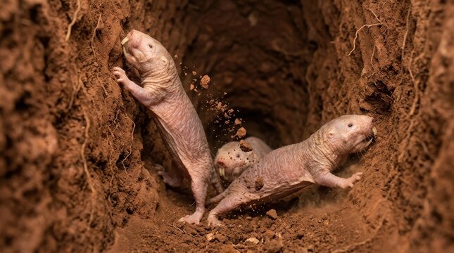Naked mole rats digging tunnels in the earth