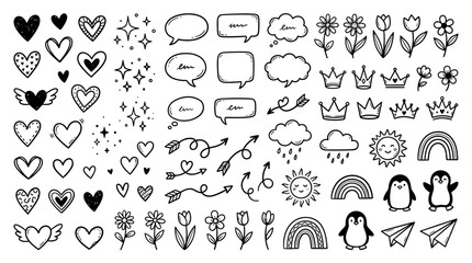 Fototapeta premium Large set of hand drawn doodle elements including hearts stars flowers and cute animals in black ink style, perfect for creative bullet journaling, digital scrapbooking and graphic design