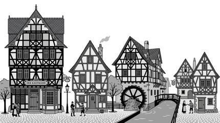 Obraz premium Detailed monochrome illustration of a medieval European village with half-timbered houses, a watermill and merchant shop, perfect for history lessons, vintage storytelling and heritage