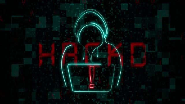 Cyan hacker icon displays red exclamation mark and hacked text. Network threat breach alert systems display hacker icon. Cyan hacker icon warning signs blink fast.