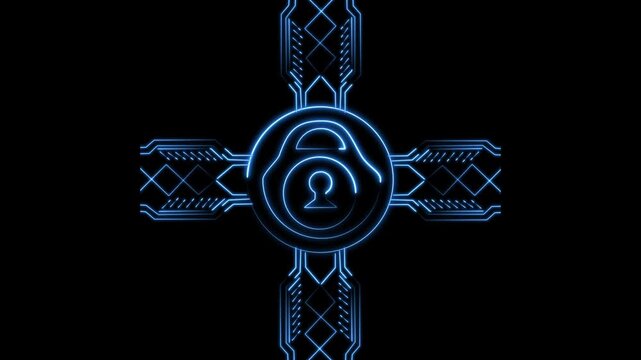 Blue neon lock symbol projects cross shaped circuitry over dark. Managed web hosting firewall setups display blue lock. Blue neon lock symbol outlines pulse fast.