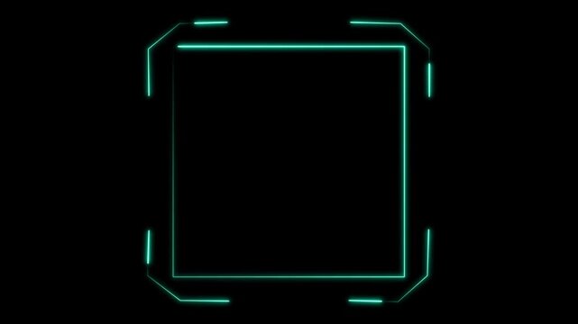 Glowing blue neon square frame on a black background with empty copy space, modern digital border design for tech, gaming, or futuristic themes