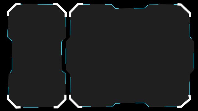 Two dark futuristic screen frames with blue glowing corner lines, isolated on black. Modern sci fi interface borders for game overlays, panels, banners, or tech backgrounds.