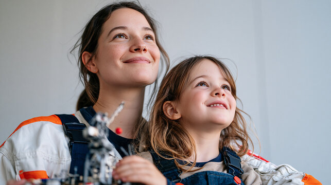 A crane operator and her young daughter stand in a minimalist studio, both looking up at a scale model of a harbor lifting structure the child holds, the family unit portrait representing a generati
