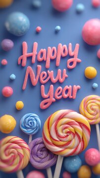 Colorful lollipops and festive decorations celebrating the New Year with joy and sweetness.