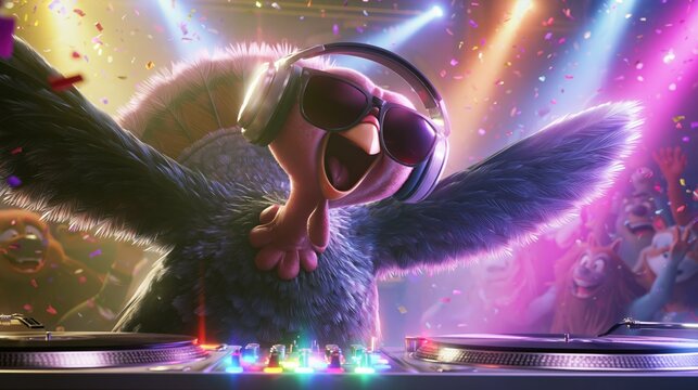 Funny Cartoon Turkey DJ Hosting a Colorful Thanksgiving Party with Animal Friends