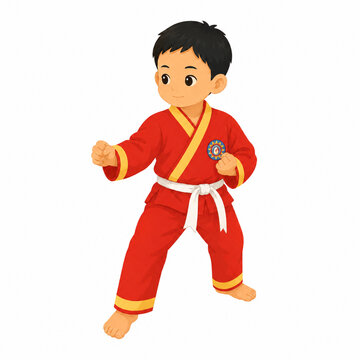 Cute Asian boy character practicing pencak silat tapak suci martial arts illustration