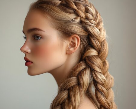 A profile view of a young woman with a beautiful braided hairstyle, showcasing natural beauty and elegance.