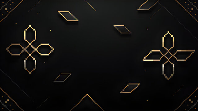 Abstract golden pixelated floral pattern frame on a dark minimalist background style