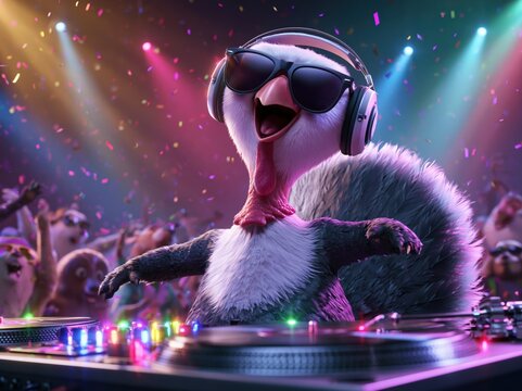 Funny Cartoon Turkey DJ Hosting a Colorful Thanksgiving Party with Animal Friends