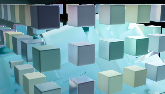 Abstract digital rendering of floating blue cubes in 3d space