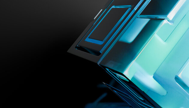 Close view of a futuristic blue 3d abstract cube with reflective