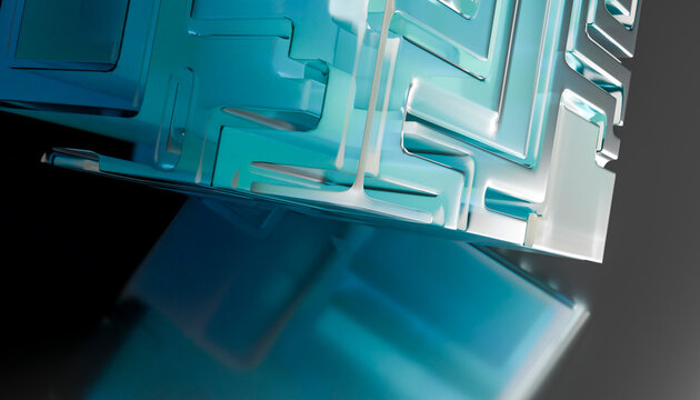 Close-up of a geometric blue glass cube with maze-like pattern