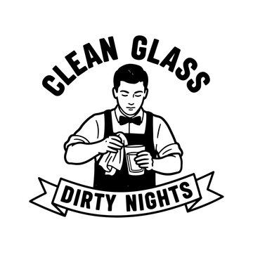 Bartender cleaning a glass with text emblem logo design