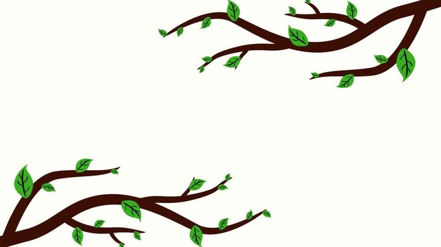 Animated tree branches with green leaves growing from corners on transparent background