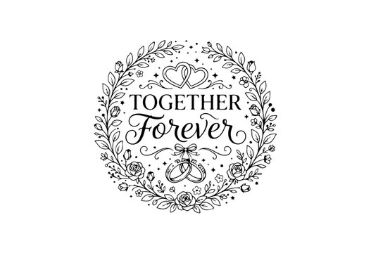 Elegant wedding vow illustration with romantic floral wreath and forever text design