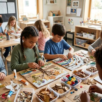 Children engaged in creative art project using natural materials