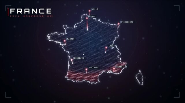 Animated map of France with glowing city markers and light beams over Paris Lyon and Marseille