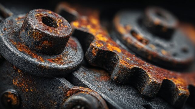Macro shot of rusted industrial gears interlocked, showcasing intricate details and textures of metal and decay