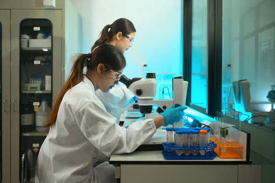 Two Female Scientists Conducting Research Experiment with Microscope and Test Tubes in Modern Laboratory