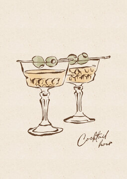 Hand-drawn Cocktail Hour poster featuring two vintage coupe glasses with olive garnish on textured paper. Charming retro bar art for print collections and gallery displays.