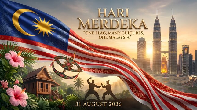 Hari merdeka malaysia independence day celebration poster with national flag with Malaysian Flag
