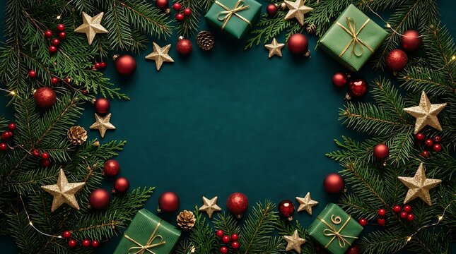 Christmas flat lay frame made of pine branches golden stars and red ornaments on a green background