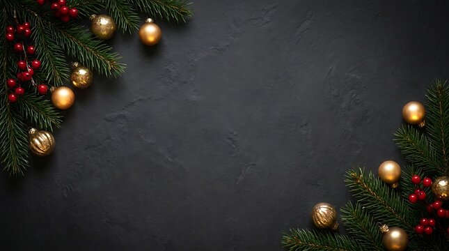 Festive christmas holiday background with golden baubles and green fir branches on a black stone texture surface
