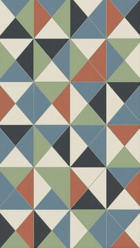 Vibrant geometric triangle mosaic featuring blue, green, terracotta, and off‑white tones arranged in a symmetrical repeating grid.