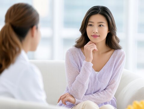 Mental Health Therapy Session with Woman and Professional Counselor in Modern Office