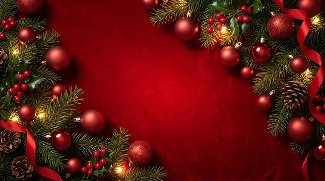 Festive christmas holiday background with red ornaments pine branches and ribbon