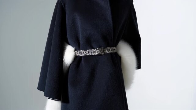 Elegant black coat with fur sleeves and decorative belt