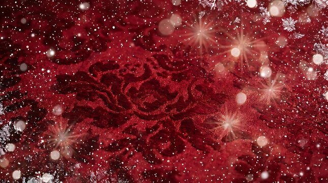 Festive deep red velvet fabric background with sparkling white snowflakes and glowing light bokeh particles for holiday design