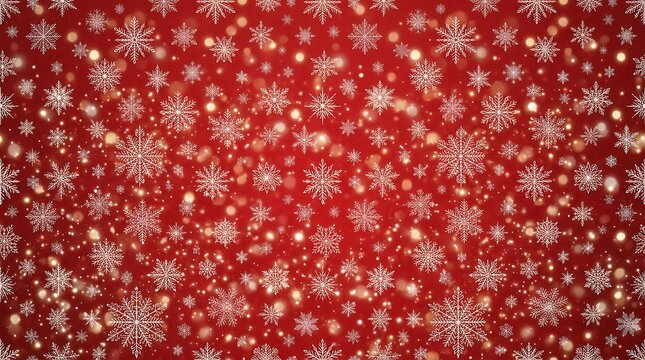 Festive red background with white snowflakes and glowing golden bokeh light effects for christmas and holiday season greeting cards