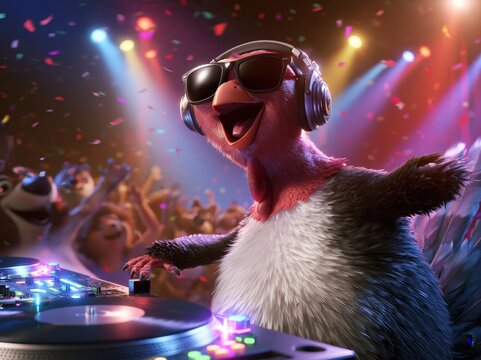 Funny Cartoon Turkey DJ Hosting a Colorful Thanksgiving Party with Animal Friends