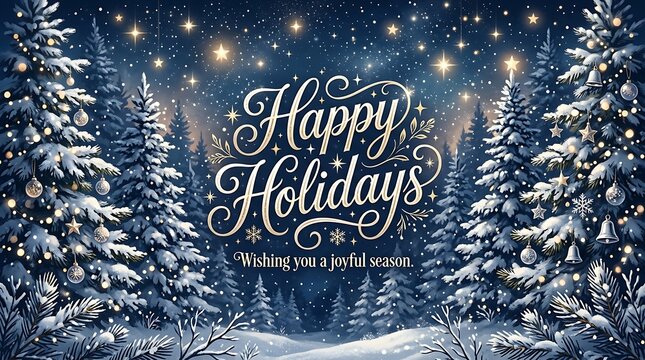 Happy Holidays festive greeting card design with snowy pine forest background and golden glowing stars