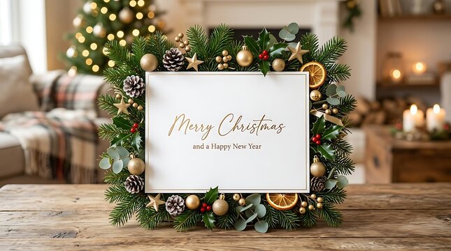 Merry Christmas and Happy New Year greeting card frame decorated with pine branches and golden ornaments