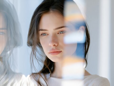 Mental Health Awareness Concept with Thoughtful Woman and Emotional Wellbeing in Minimal Interior