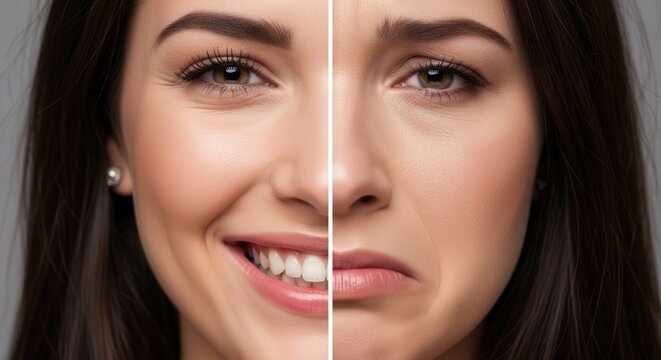 A stunning before-and-after split portrait of a smiling woman showcasing natural beauty transformation with enhanced facial features, bright eyes, and fresh makeup for a radiant, youthful glow.
