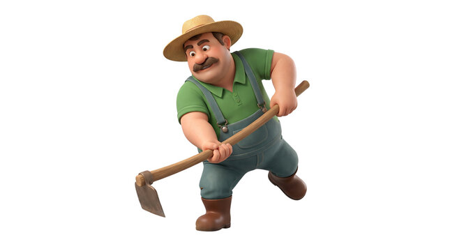 Friendly 3D farmer character with hoe. Cheerful gardener in overalls and straw hat. Agricultural worker isolated on white background.