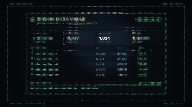 Secure data vault dashboard resolving from scrambled text into a clear encrypted file list