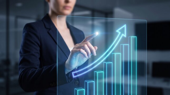 Businesswoman Pointing at Increasing Bar Chart for Financial Data Analysis