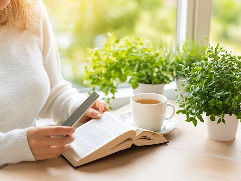Digital Detox and Mental Wellbeing Concept with Woman Reading Book at Home