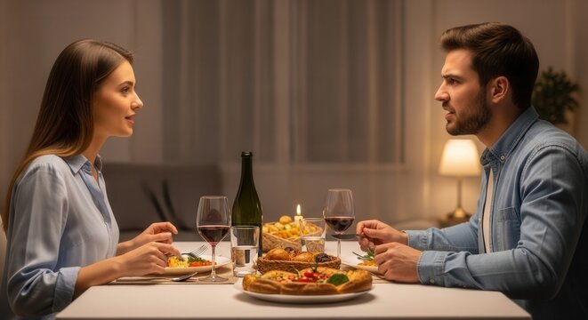 A young couple engaged in an intense conversation during a romantic candlelit dinner at a cozy restaurant, surrounded by wine glasses, fine food, and soft lighting, evoking a dramatic yet intimate.