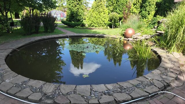 Round garden pond with stone border and water lilies
