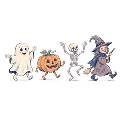 Fototapeta premium Cute Halloween characters walking ghost pumpkin skeleton and witch illustration